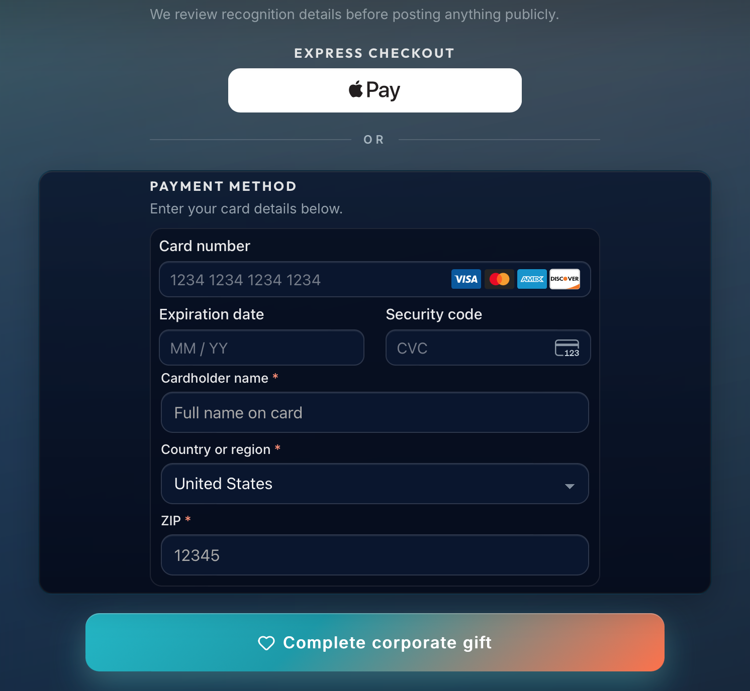 Treasure Coast Scavengers embedded Stripe checkout with Apple Pay and card payment fields